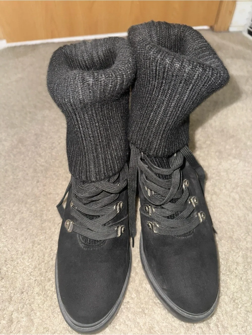 Fashion Nova Black Knit-Cuff Lace-Up Block Heel Ankle Booties